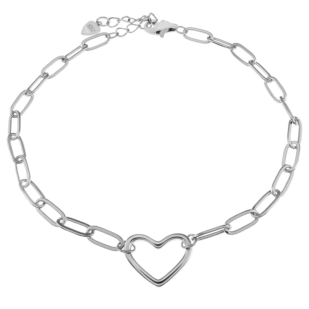 Sterling Silver Paperclip With Heart Rhodium Bracelet Length-7+1inch, Width-3.5mm