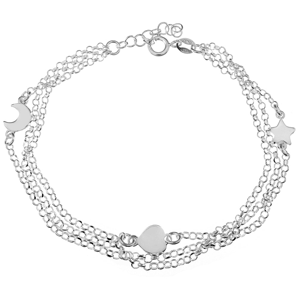 Sterling Silver Triple Strand Rolo Diamond Cut With Moon Heart Star Bracelet Length-7+1inch