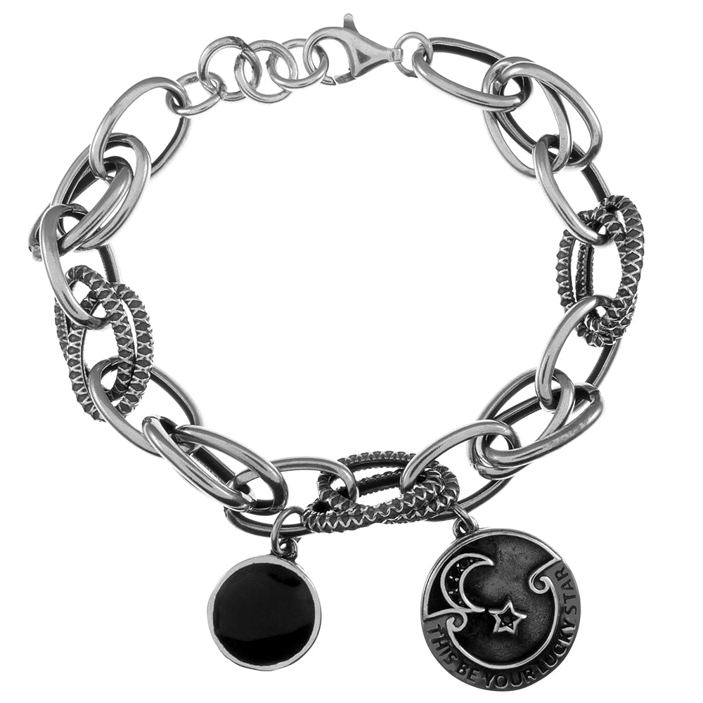 Sterling Silver Oxidized Moon Star Charm Bracelet Length-7inch, Width-8.5mm