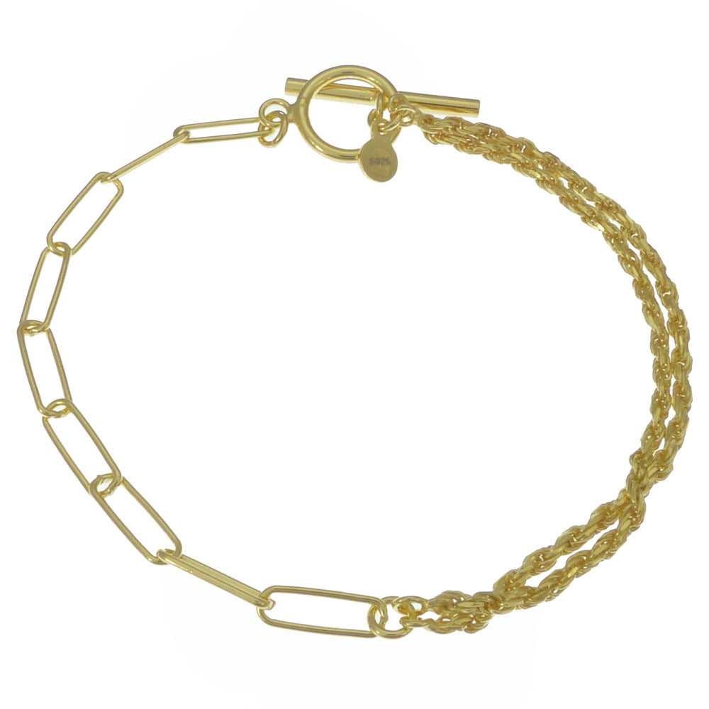 Sterling Silver Gold Plated Double Rope Paperclip With Toggle Bracelet