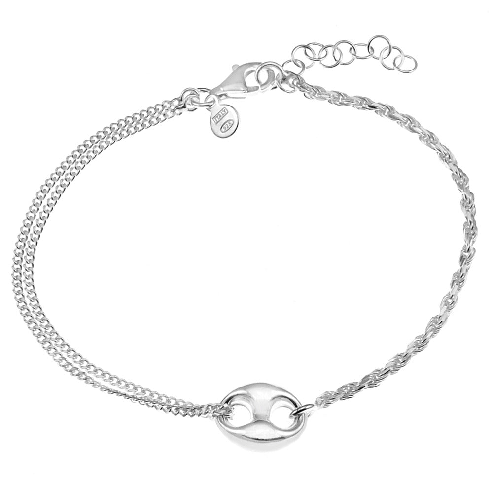 Sterling Silver Puff Mariner With Rope Double Curb Link Bracelet