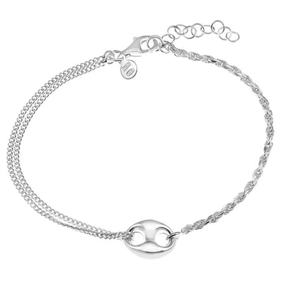 Sterling Silver Puff Mariner With Rope Double Curb Link Bracelet
