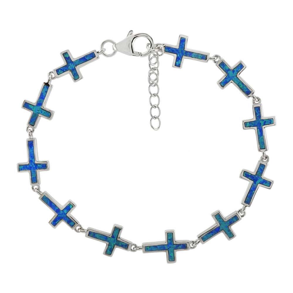 Sterling Silver Simulated Blue Opal Cross Bracelet