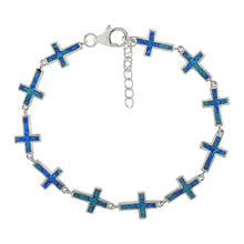 Load image into Gallery viewer, Sterling Silver Simulated Blue Opal Cross Bracelet