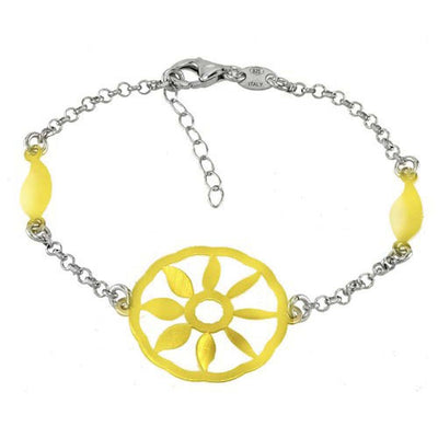 Rhodium Italian Sterling Silver Rolo Chain with Gold Plated Laser Cut Sun BraceletAnd Bracelet Length of 7  Plus Extension of 1  and Lobster Claw Clasp