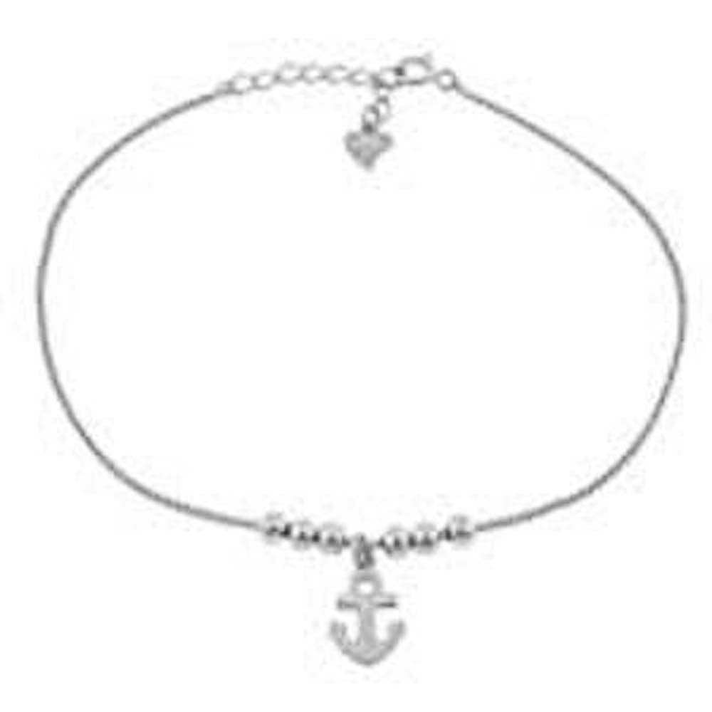Sterling Silver Box Chain With 3mm Movable Bead and Anchor Rhodium Bracelet