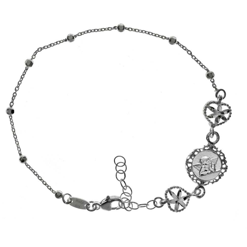 Italian Sterling Silver Fancy Angel Bracelet with Beads, Bracelet Length of 7" Plus Extension of 1  and Lobster Claw Closure