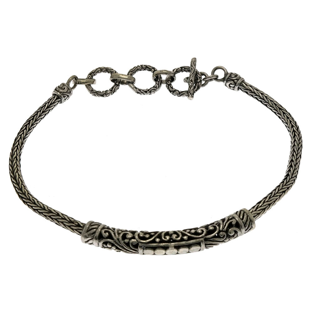 Sterling Silver Bali Handcrafted Oxidized Bracelet With Toggle