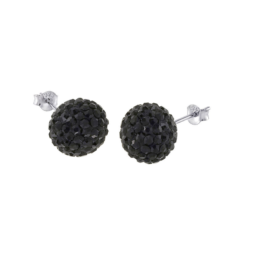 Sterling Silver Black Crystal Ball Earrings with Ball Diameter of 6MM