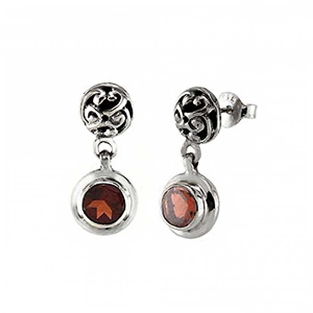 Sterling Silver 5mm Garnet Oxidized EarringsAnd Diameter 8 mm