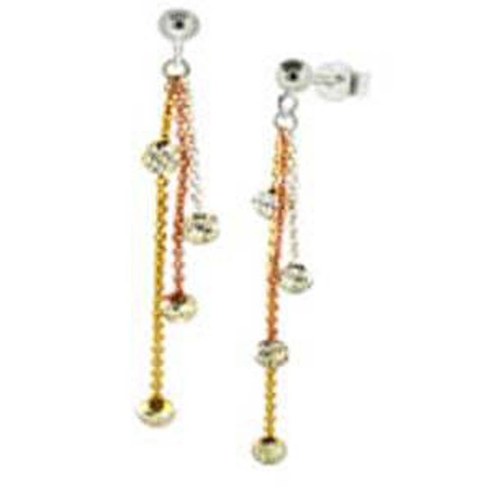 Sterling Silver 3 Tones Diamond Cut Beads Dangle Earrings with Earring Dimension of 4MMx57.15MM
