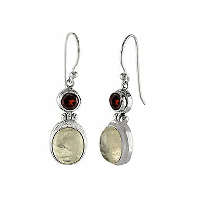 Sterling Silver Oval Shape Moon Stone And Garnet Earrings