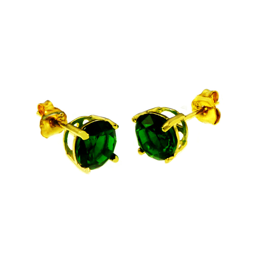 Sterling Silver 6mm Round Emerald CZ Basket Gold Plated Stud Earrings