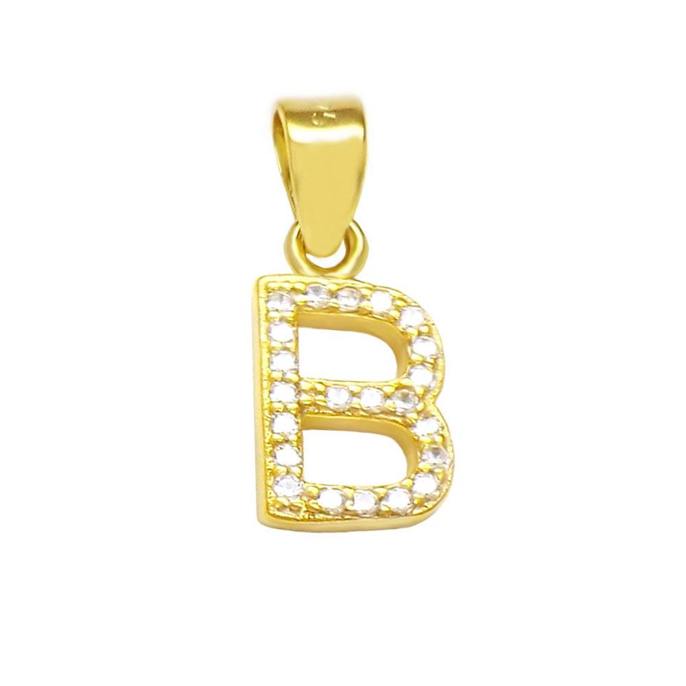 Sterling Silver Small Initial 'B' CZ Gold Plated Pendant