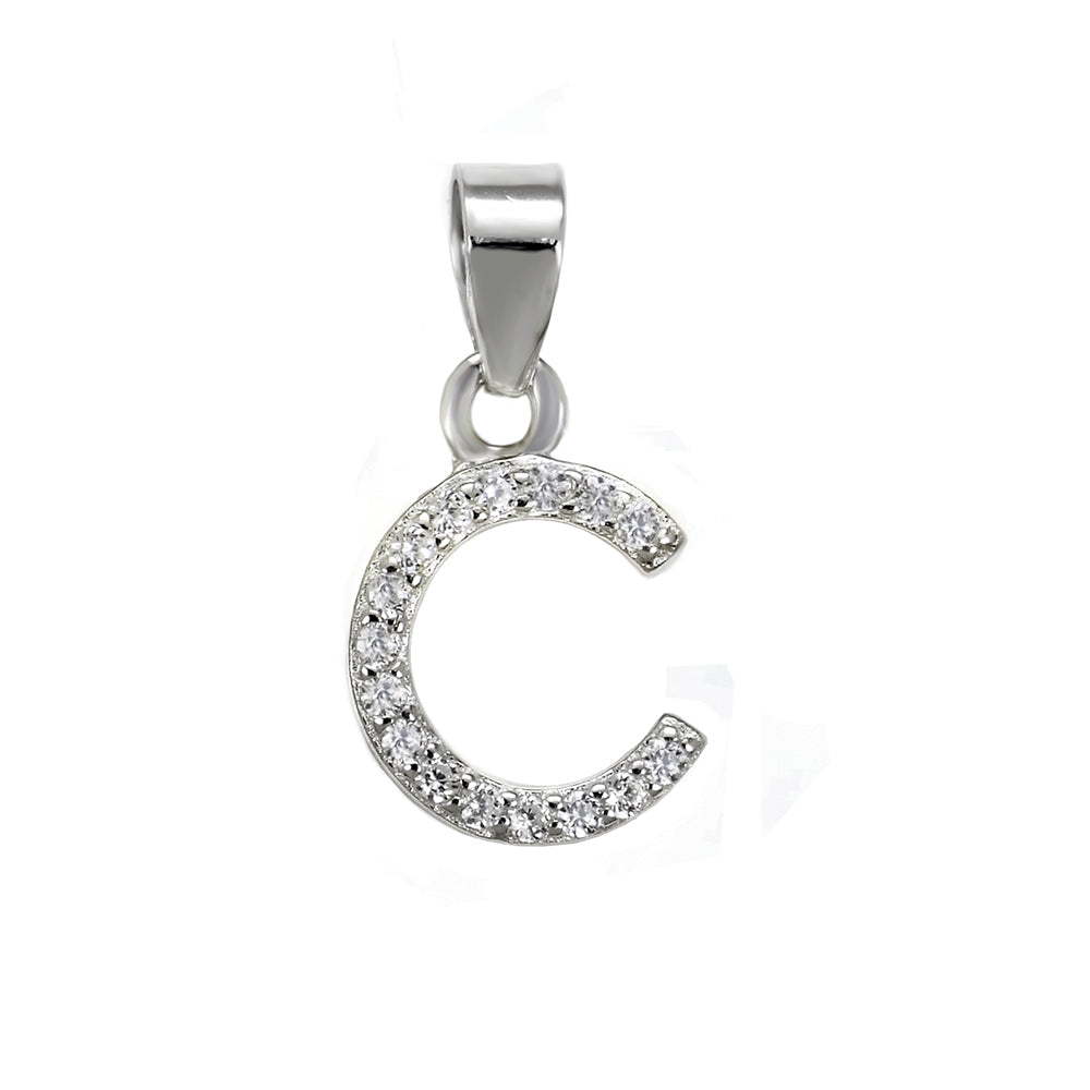 Sterling Silver Small Initial "C" CZ Pendant Rhodium