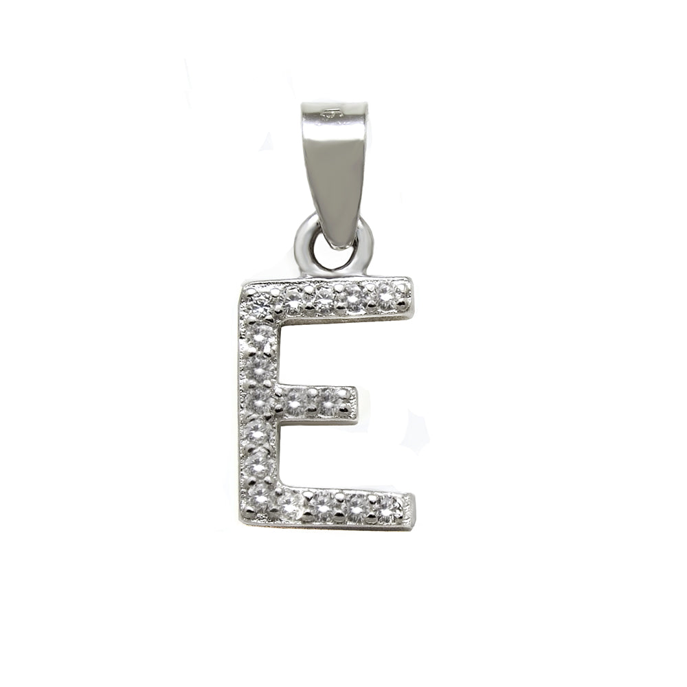 Sterling Silver Small Initial "E" CZ Pendant Rhodium