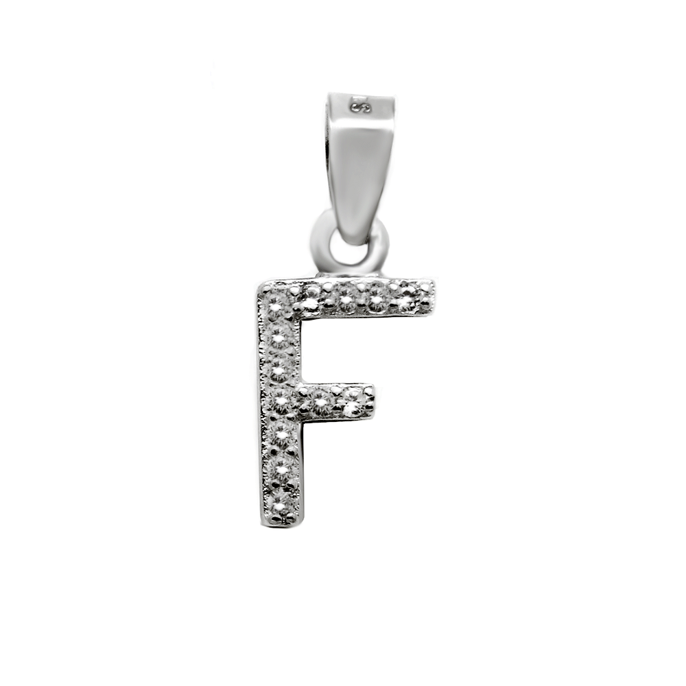 Sterling Silver Small Initial "F" CZ Rhodium Pendant