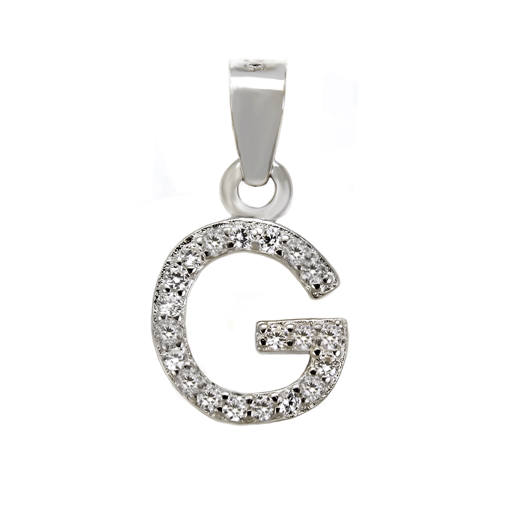 Sterling Silver Small Initial "G" CZ Rhodium Pendant