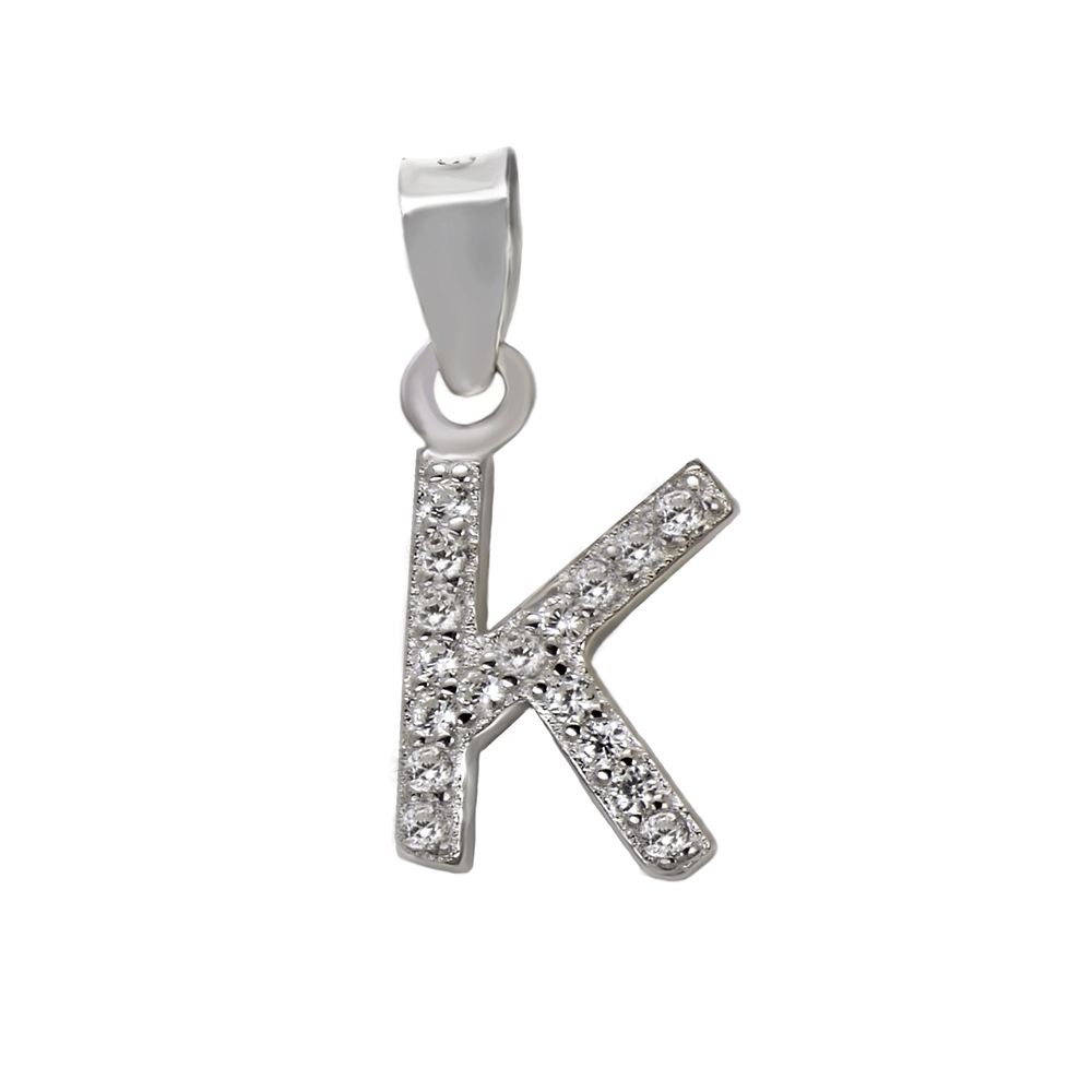 Sterling Silver Small Initial "K" CZ Rhodium Pendant