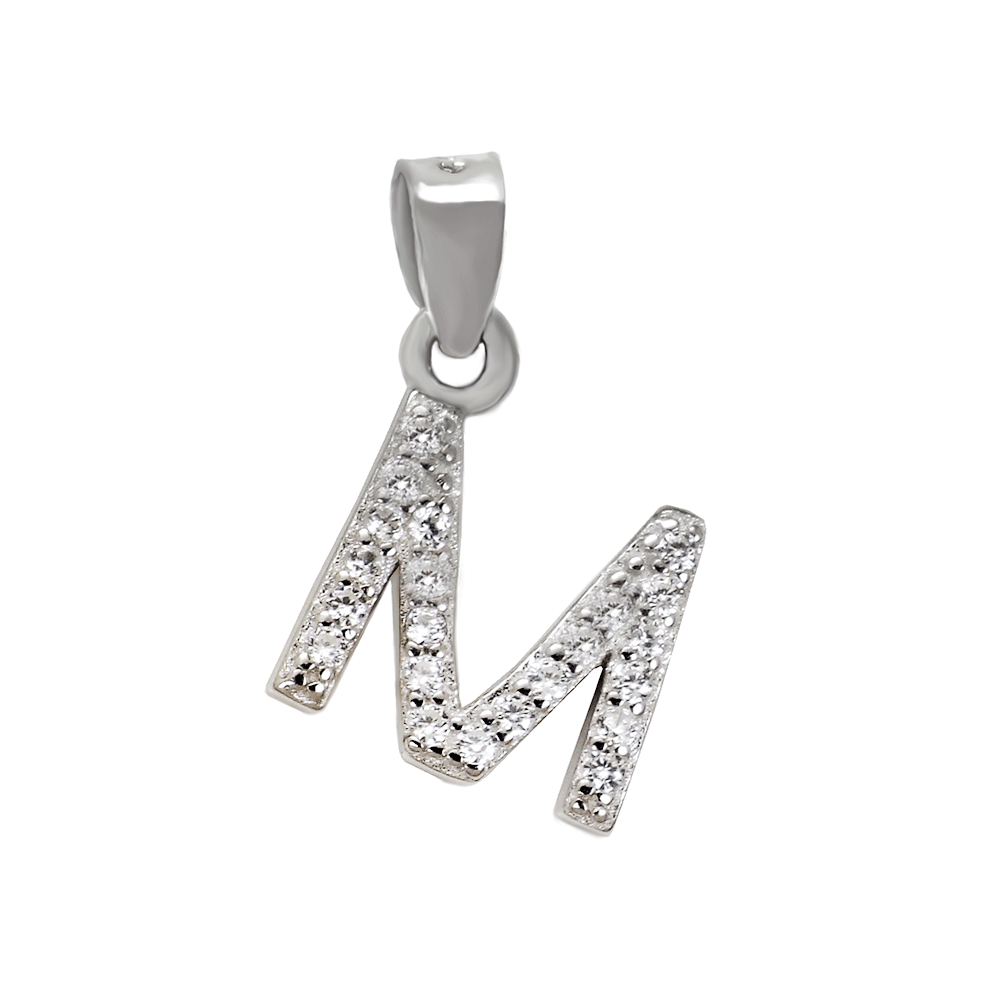Sterling Silver Small Initial "M" CZ Rhodium Pendant