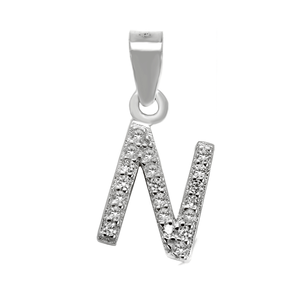 Sterling Silver Small Initial "N" CZ Rhodium Pendant