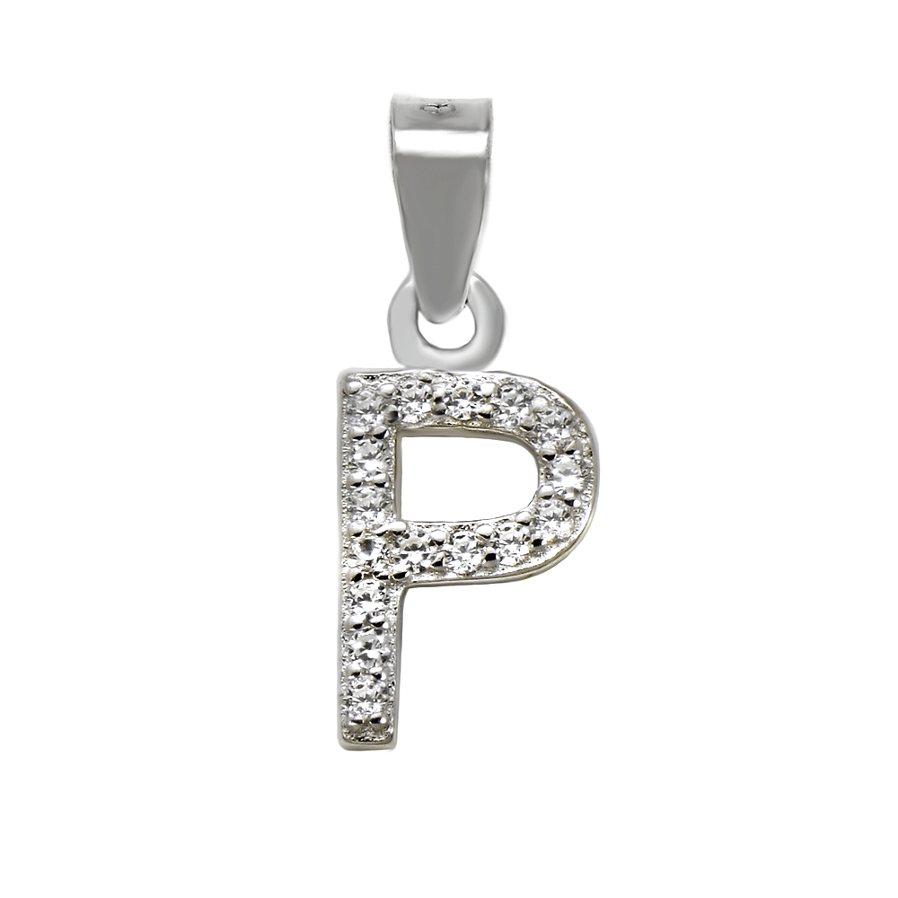 Sterling Silver Small Initial "P" CZ Rhodium Pendant