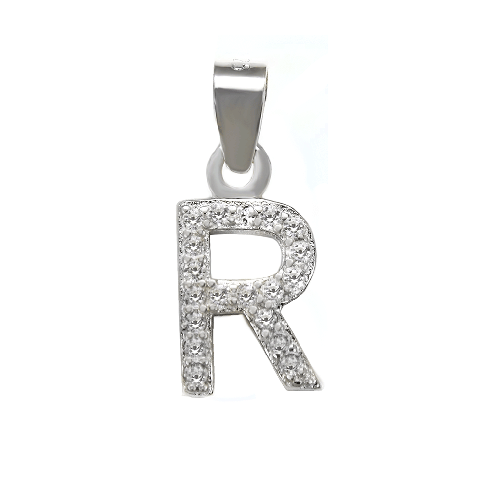 Sterling Silver Small Initial "R" CZ Rhodium Pendant