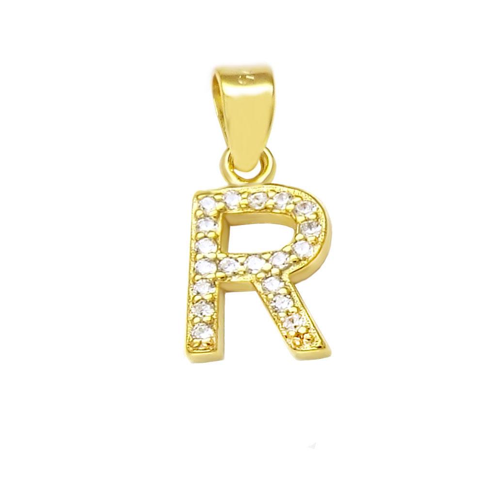 Sterling Silver Small Initial 'R' CZ Gold Plated Pendant