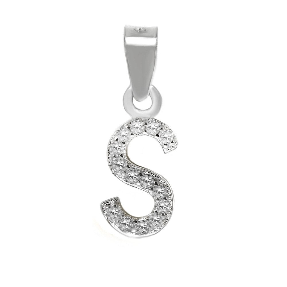 Sterling Silver Small Initial "S" CZ Pendant Rhodium