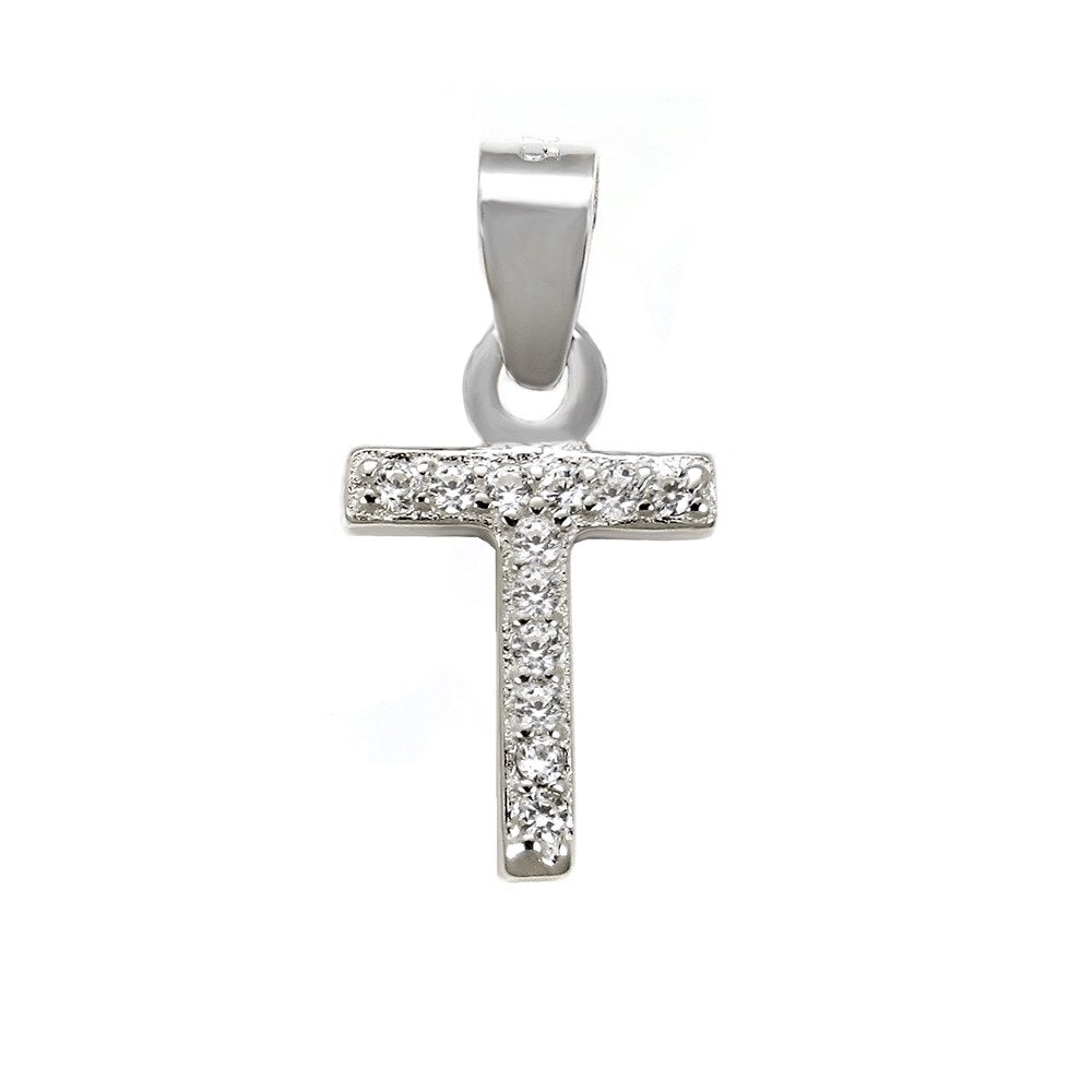 Sterling Silver Small Initial "T" CZ Pendant Rhodium