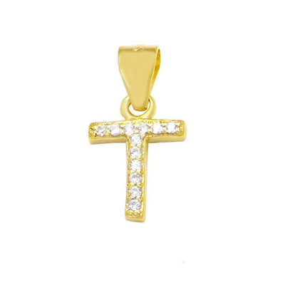 Sterling Silver Small Initial 'T' CZ Gold Plated Pendant