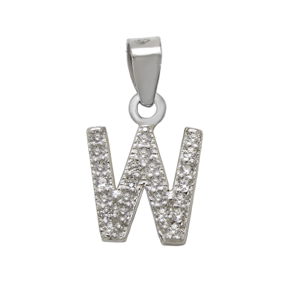 Sterling Silver Small Initial "W" CZ Rhodium Pendant