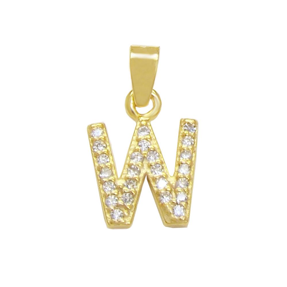 Sterling Silver Small Initial 'W' CZ Gold Plated Pendant