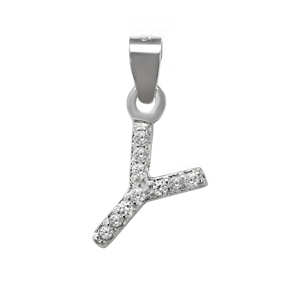 Sterling Silver Small Initial "Y" CZ Rhodium Pendant