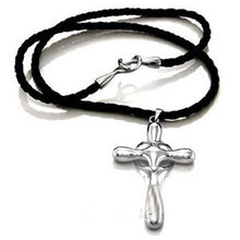 Load image into Gallery viewer, Sterling Silver Leather Cord Necklace with Cross PendantAnd Cord Length of 16
