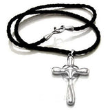Sterling Silver Leather Cord Necklace with Cross PendantAnd Cord Length of 16