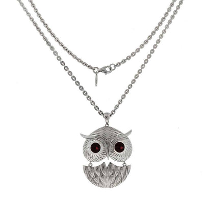 Sterling Silver 24  2MM Rolo Chain Necklace with Garnet Eye Owl PendantAnd Pendant Dimension of 33.87MMx38.1MM