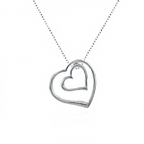 Sterling Silver 18  Diamond Cut 1MM Bead Chain Necklace with Double Floating Heart PendantAnd Pendant Dimension of 25MMx28.58MM