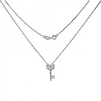 Sterling Silver 17  Rolo Chain Necklace with Cz Key PendantAnd Pendant Dimension of 9MMx19.05MM