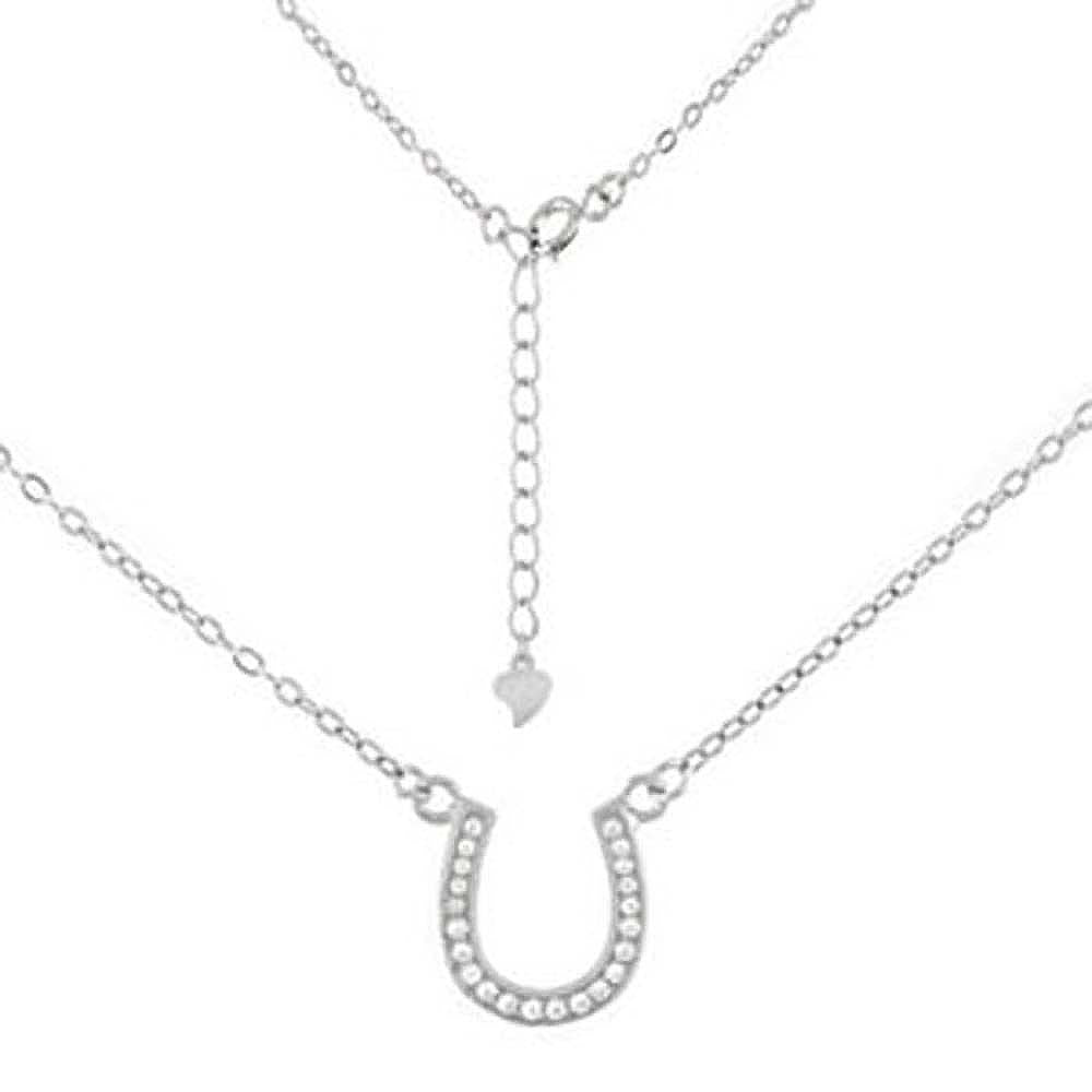 Sterling Silver 0.8MM Flat Rolo Chain Necklace with Cz Horseshoe Pendant and Pendant Dimension of 11MMX12.7MM and Chain Length is Adjustable from 16  to 17