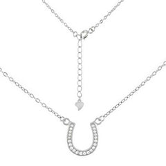 Sterling Silver 0.8MM Flat Rolo Chain Necklace with Cz Horseshoe Pendant and Pendant Dimension of 11MMX12.7MM and Chain Length is Adjustable from 16  to 17