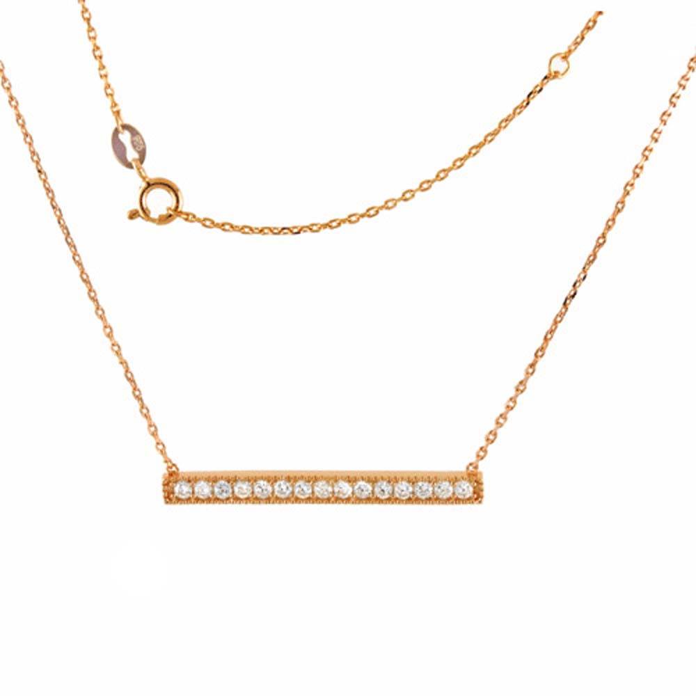 Sterling Silver Rose Gold Plated Cz Bar Necklace with Chain Length of 17