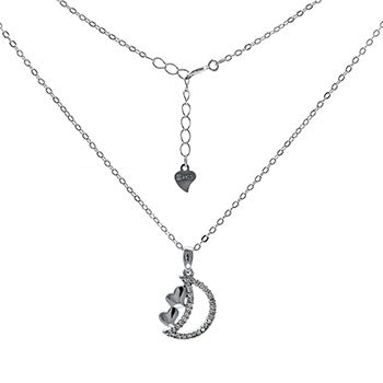 Sterling Silver Double Heart With CZ Moon Necklace