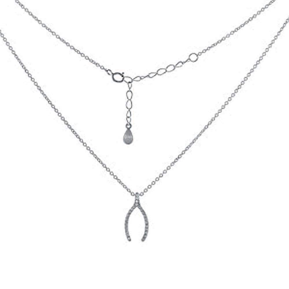 Sterling Silver Rhodium Plated Rolo Chain Clear CZ Wishbone Necklace with Chain Extension of 2  AND Springring Clasp Closure