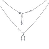 Sterling Silver Rhodium Plated Rolo Chain Clear CZ Wishbone Necklace with Chain Extension of 2  AND Springring Clasp Closure
