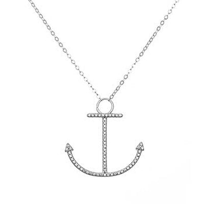 Sterling Silver Diamond Cut Rolo Chain Micro Pave Clear CZ Anchor Necklace with Chain Length of 17.5  up to 18.5  and Pendant Dimensions of 28MMx28.58MMAnd Lobster Clasp