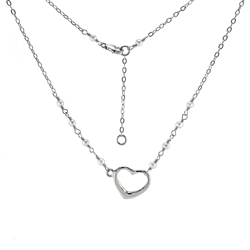 Sterling silver White Pearls with Floating Heart Rhodium Necklace