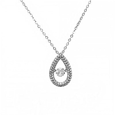 Sterling Silver Diamond Cut Rolo Chain Open Pear Shape Necklace with CZ Middle and CZ Paved OutlineAnd with Chain Length of 16  Plus 2  Extension and Lobster Clasp
