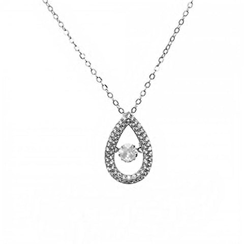 Sterling Silver Diamond Cut Rolo Chain Open Pear Shape Necklace with CZ Middle and CZ Paved OutlineAnd with Chain Length of 16  Plus 2  Extension and Lobster Clasp