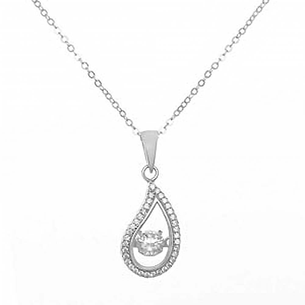 Sterling Silver Diamond Cut Rolo Chain Open Teardrop Necklace with Clear CZ Centered and Pave Clear CZ OutlineAnd Adjustable Chain Length of 16  Plus 2  Extension and Lobster Clasp